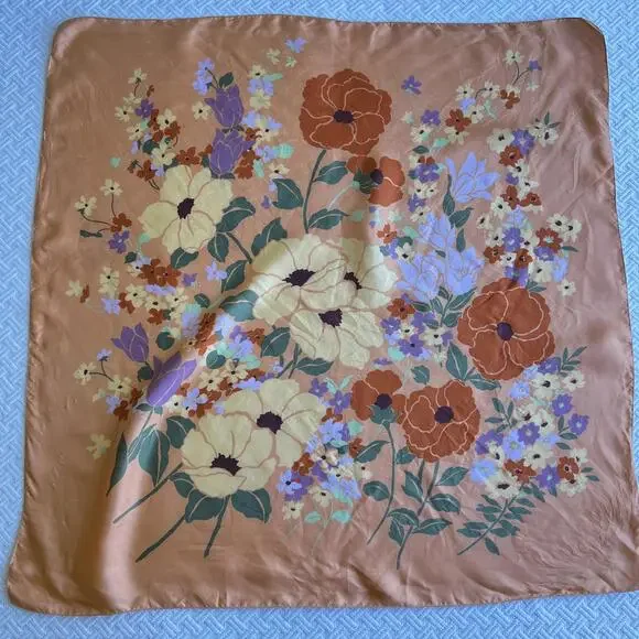 Vintage Silk? Floral Handmade Printed Scarf Orange White Yellow Square 24x24 - Picture 5 of 15